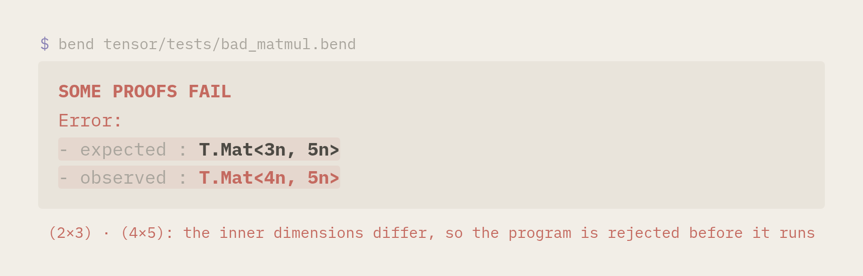 bend rejecting the product of a 2x3 and a 4x5 matrix: expected Mat<3n, 5n>, observed Mat<4n, 5n>